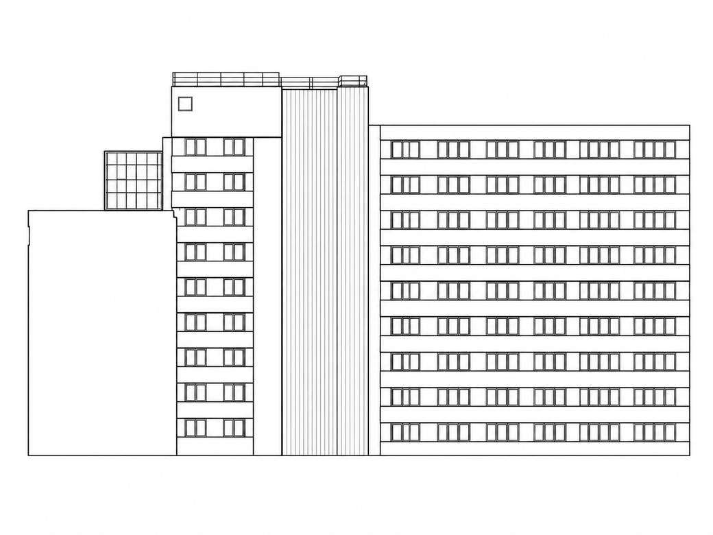 Line illustration of the office-to-residential conversion building elevation