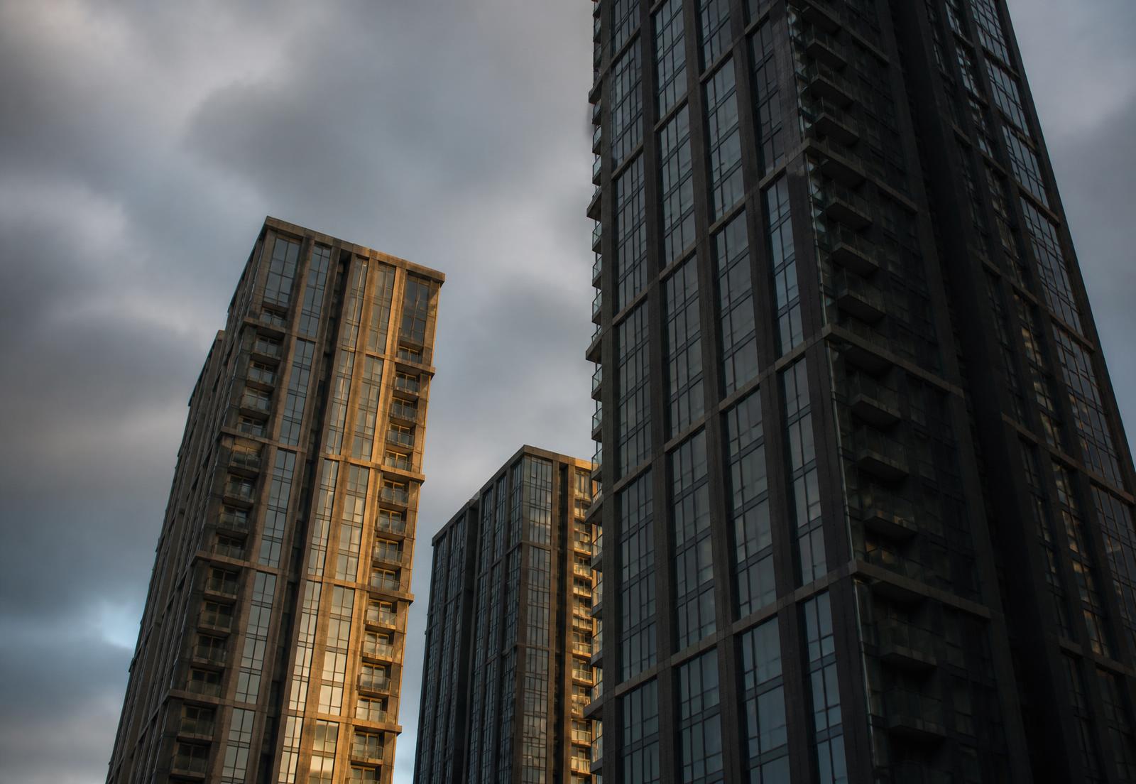 High-rise residential towers at dusk